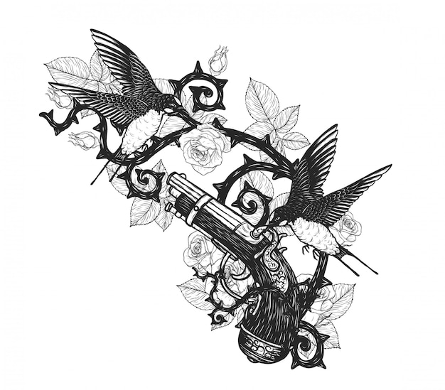 Swallows with pirate gun vector tattoo by hand drawing