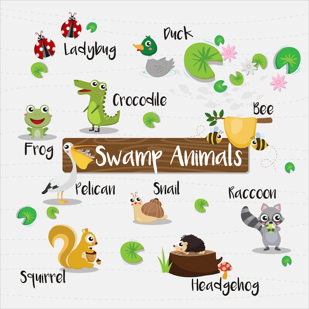 Swamp Animals cartoon with animal name