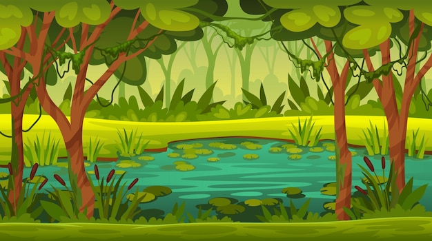 Swamp landscape Forest river marsh cartoon game background fantasy rainforest lake mysterious jungle stench pond with lily and moss trees lichen wood neoteric vector illustration