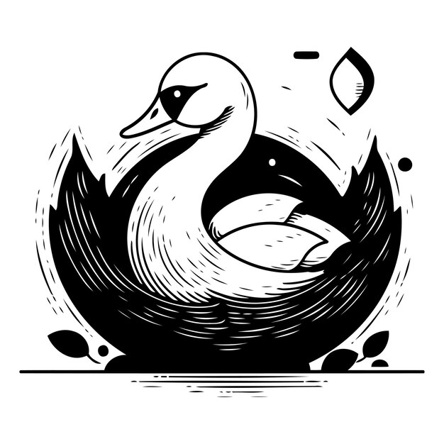 Swan Black and white engraved ink art Isolated vector illustration on white background