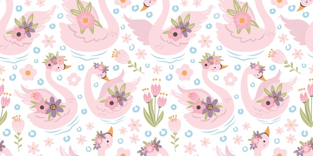 Swan and Flowers Themed Seamless Pattern