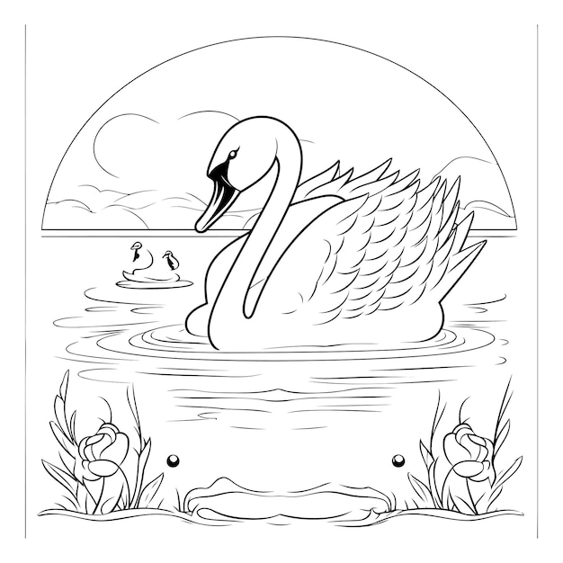 Vector swan on the lake black and white vector illustration for coloring book