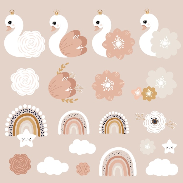 Vector swan queen prinses boho kinderkamer decor