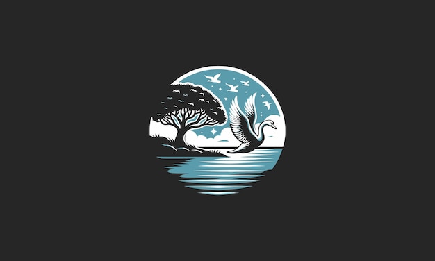 swan on sea and tree vector logo design