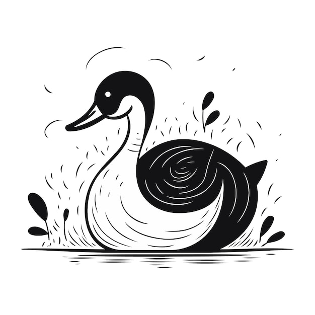 Swan swimming in the sea black and white vector illustration