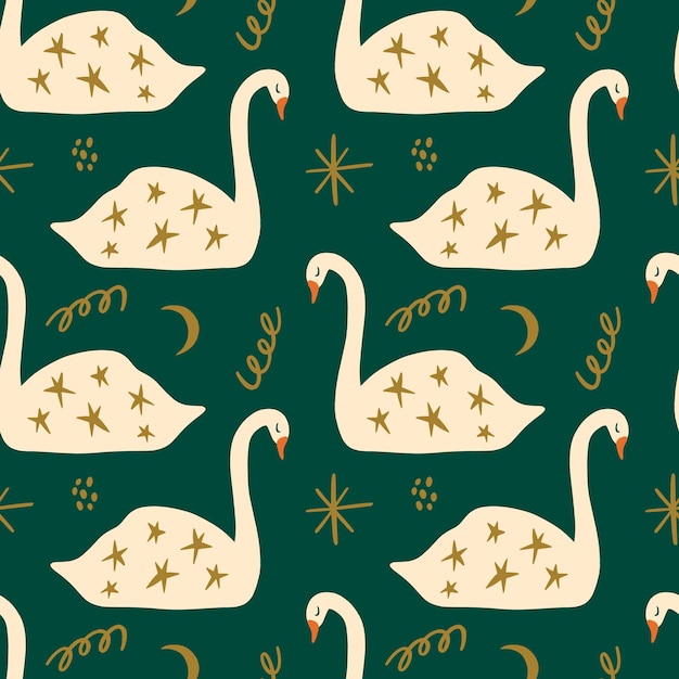 Vector swans scandinavian nordic style artisan noel postcard elements seamless pattern background vector