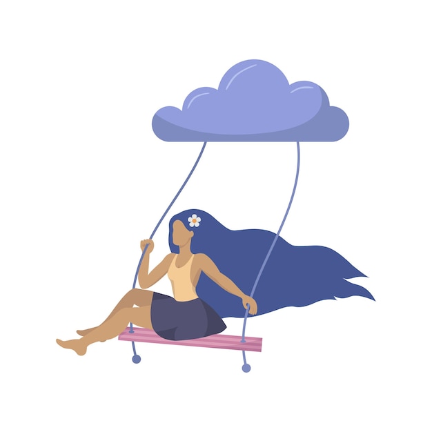 Vector swarthy girl with long hair swings on a swing