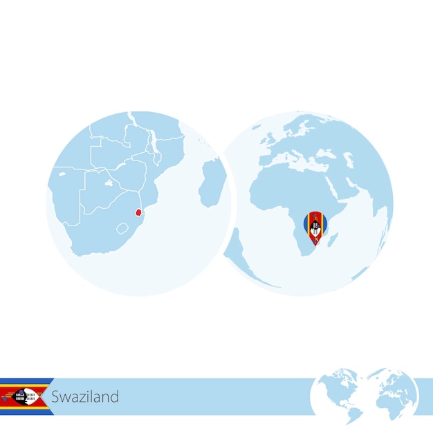 스와질란드의 국기와 지역 지도가 있는 세계 세계의 스와질란드. 벡터 일러스트 레이 션.