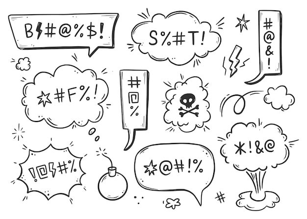 Swear word speech bubble set. curse, rude, swear word for angry, bad, negative expression. hand drawn doodle sketch style. vector illustration.