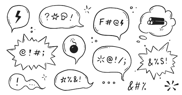 Vector swear word speech bubble set curse rude swear word for angry bad negative expression hand drawn doodle sketch style