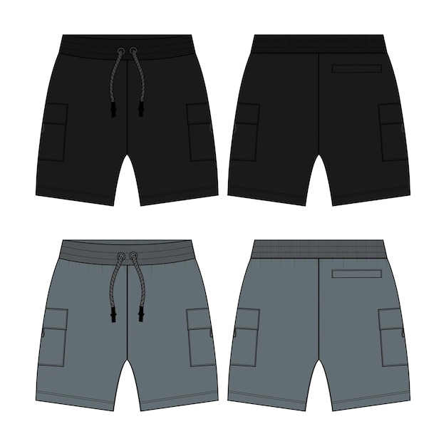 Sweat Shorts pant Technical drawing fashion flat sketch vector black and grey color template