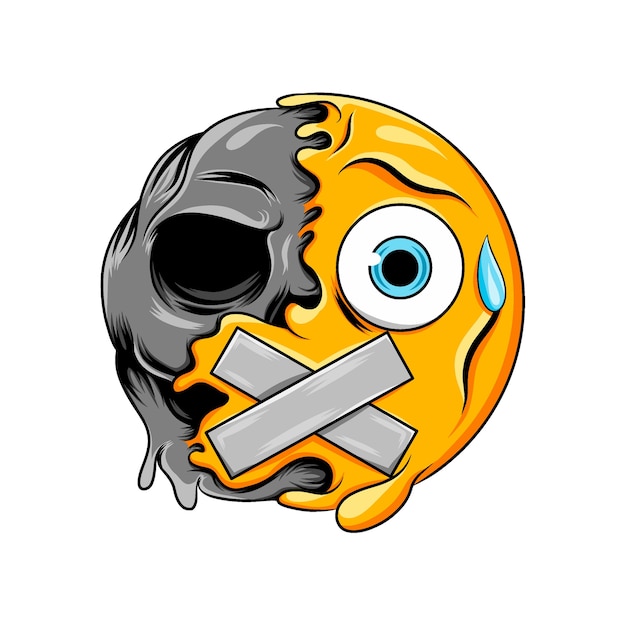 Sweatdrop face expression with closed mouth changes to dark scary skull emoticon