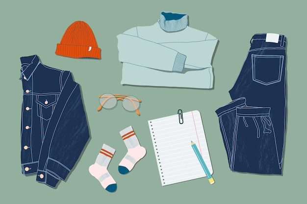 Sweater, jeans, denim jacket glasses, socks, hat and note list\
flat lay style. trendy top down view