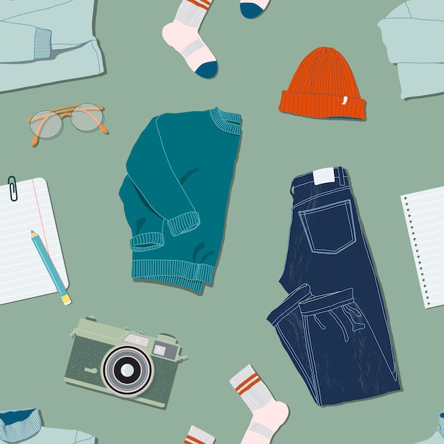 Sweater, jeans, film camera, glasses, socks, hat and note list\
flat lay style. trendy top down view