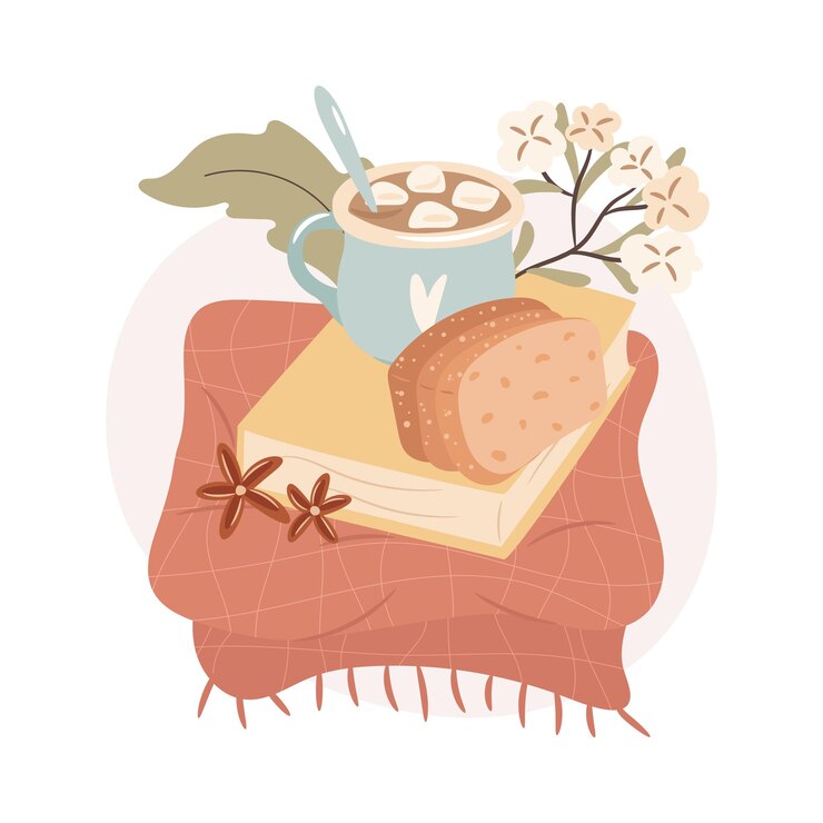 Vector sweater weather book and a warm marshmallow cacao mug with a cake cozy autumn days concept