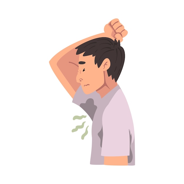 Sweating young man feeling bad smell coming from his own armpits vector illustration