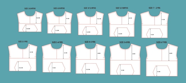 Vector sweatshirt front part with pocket pattern  measurement details vector illustration