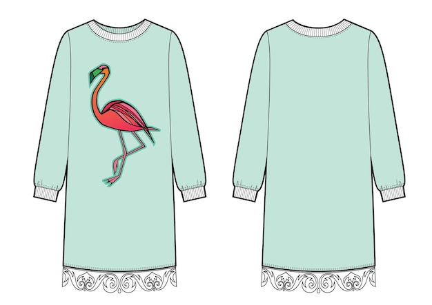 Sweatshirt jurk met kant op ebge mode schets flamingo print illustrator vector sjabloon