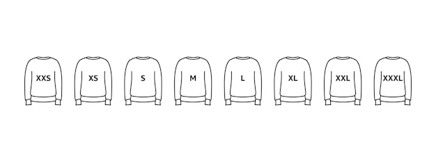 Sweatshirt maat iocn set grootte van xxs tot xxxl vector eps 10