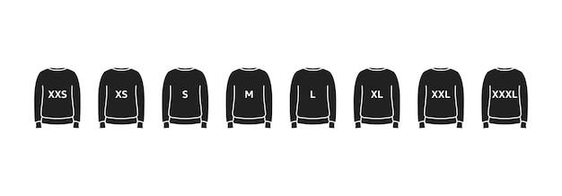 Sweatshirt maat iocn set grootte van xxs tot xxxl vector eps 10