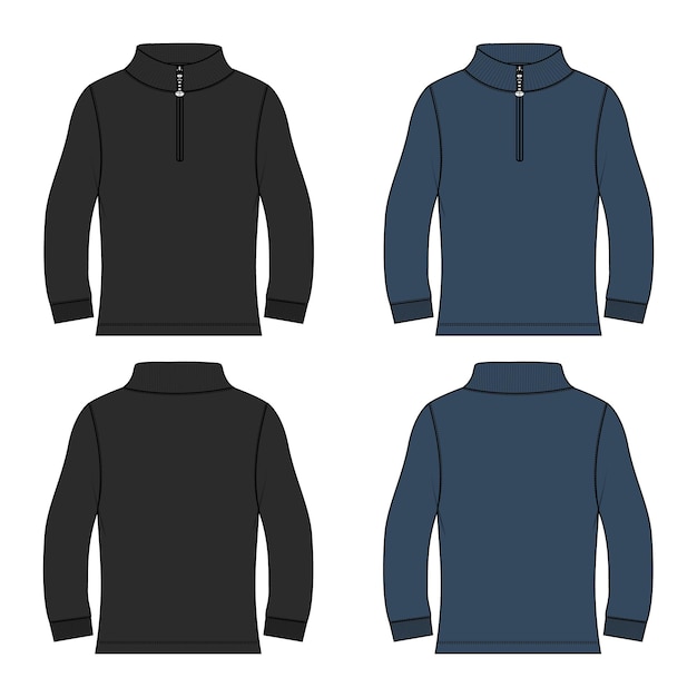 Vector sweatshirt met lange mouwen technische mode platte schets zwart en marineblauw kleur vector sjabloon