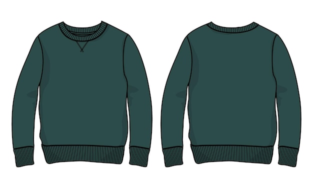 Sweatshirt technische mode platte schets vector illustratie groene kleur sjabloon