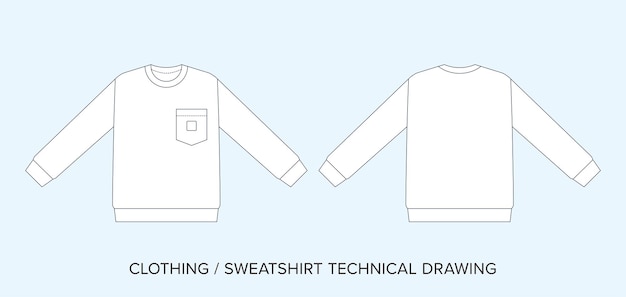 Sweatshirt technische tekening sjabloon Mode straatkleding bewerkbare vector lijn kunst Zwart en wit