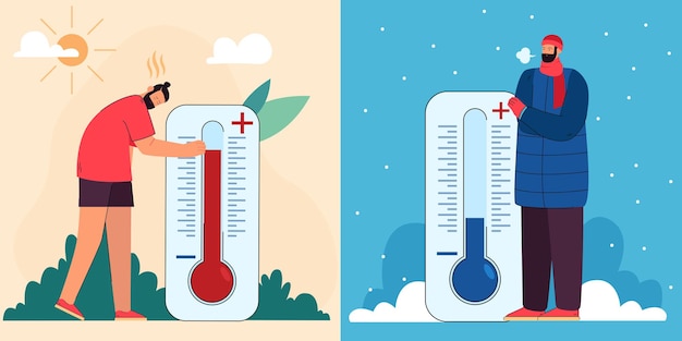 Sweaty man and person in warm outdoor clothes with thermometers