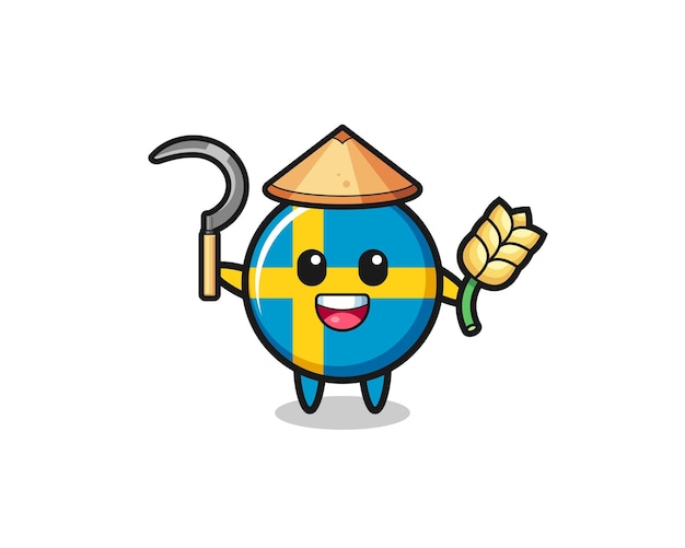 Sweden flag Asian farmer holding paddy cute design