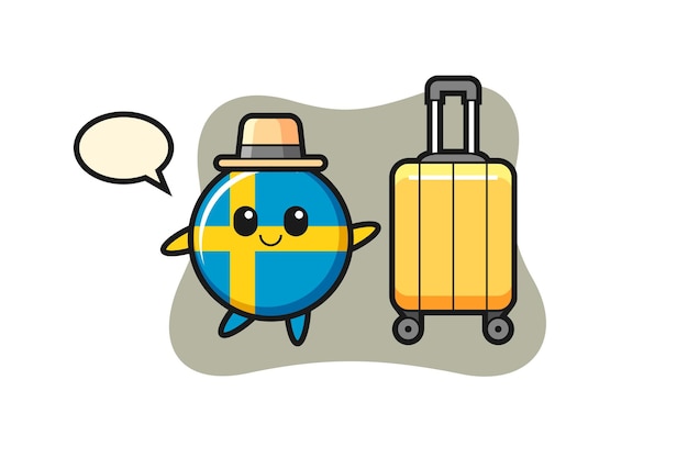 Vector sweden flag badge cartoon illustration with luggage on vacation