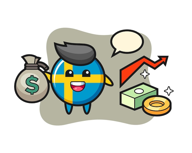 Sweden flag badge illustration cartoon holding money sack, cute style design for t shirt, sticker, logo element