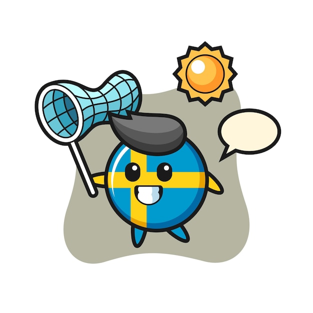 Sweden flag badge mascot illustration is catching butterfly