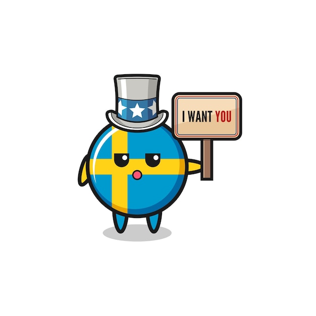 Sweden flag cartoon as uncle sam holding the banner i want you , cute design