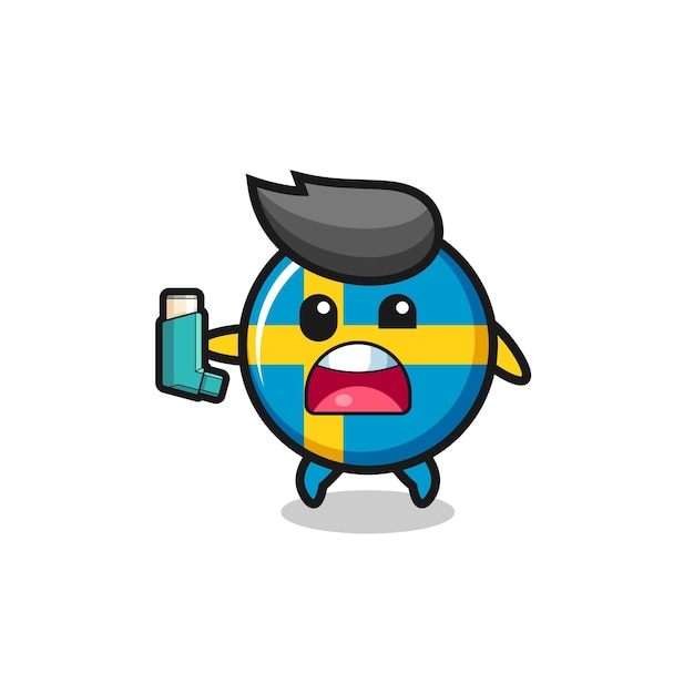 Sweden flag mascot having asthma while holding the inhaler  cute design