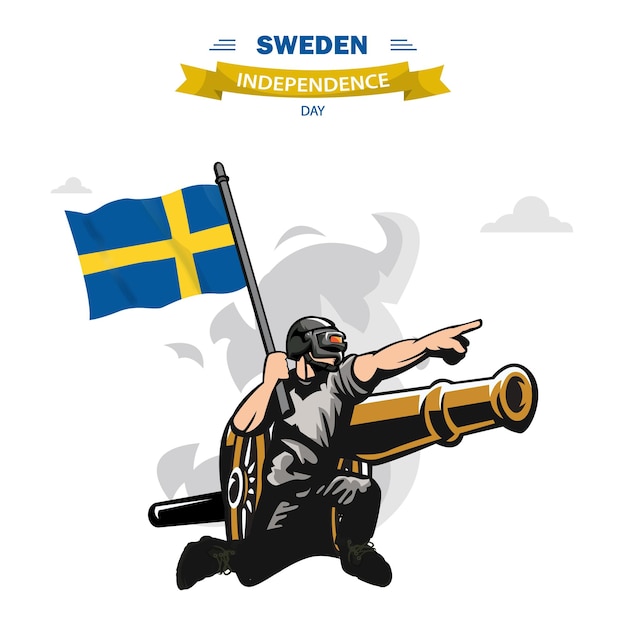 Sweden Independence Day vector Flat Design Patriotic soldier carrying Sweden Flag