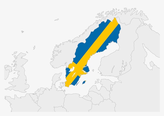 Vector sweden map highlighted in sweden flag colors gray map with neighboring countries