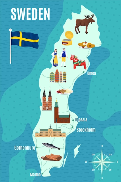ランドマークと旗のシンボルフラットベクトルイラストとスウェーデンの観光地図