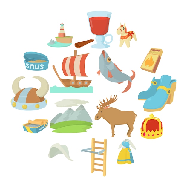 Sweden travel symbols icons set, cartoon style