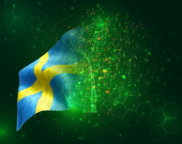 Svezia, vettore 3d bandiera su sfondo verde con poligoni e numeri di dati