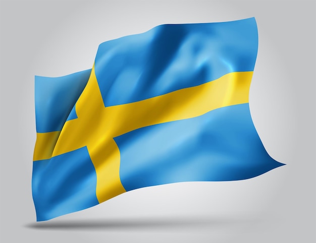Sweden, vector flag with waves and bends waving in the wind on a white background.