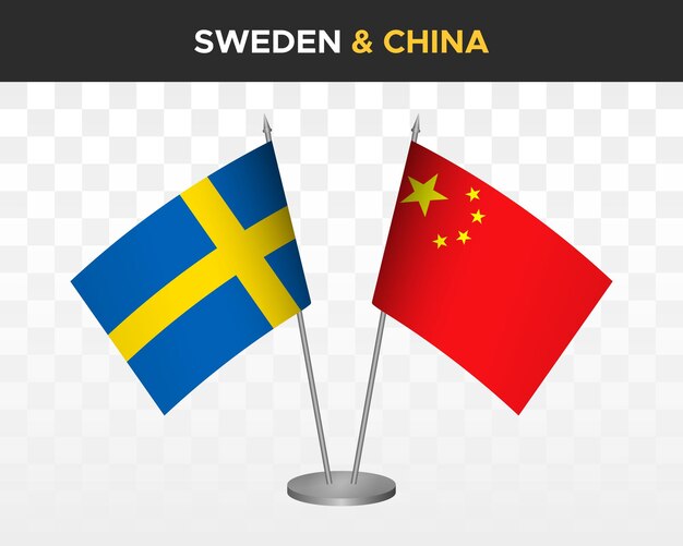 Sweden vs china desk flags mockup isolated 3d vector illustration swedish table flags