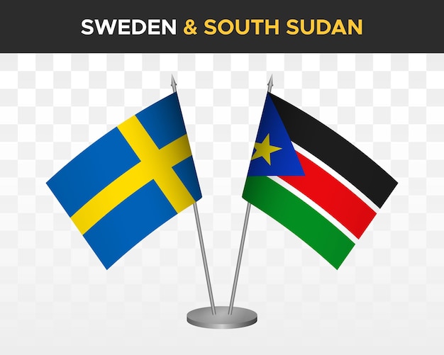 Sweden vs south sudan desk flags mockup isolated 3d vector illustration swedish table flags