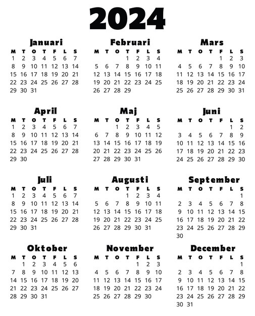 Vector swedish calendar for 2024 printable editable vector illustration for sweden 12 months year kalender