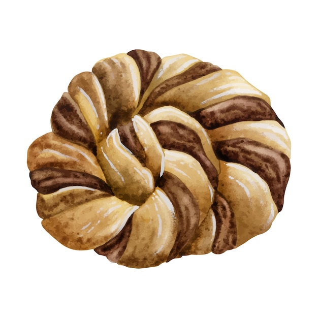 Swedish chocolate braided bread bun with cinnamon watercolor illustration Bakery round dessert