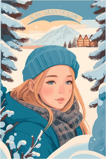 Swedish woman with nordic backgroun in flat illustration style in winter season