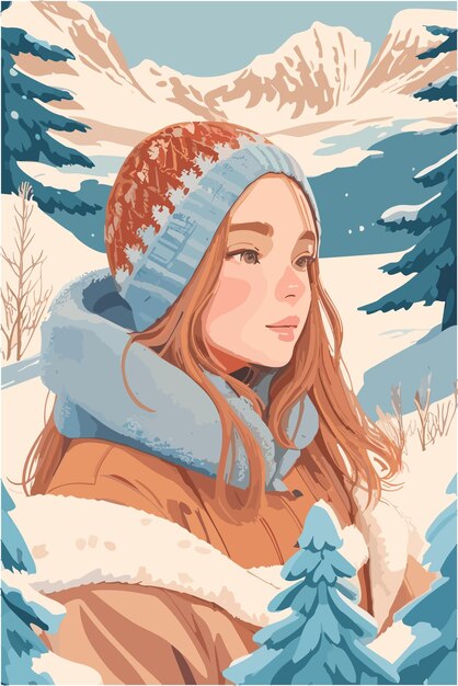Vector swedish woman with nordic backgroun in flat illustration style in winter season
