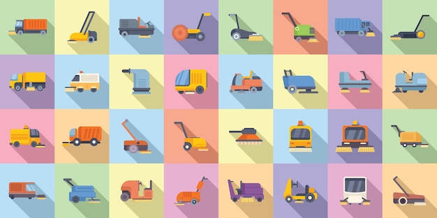 Sweeper icons set flat vector Machine truck Clean refuse
