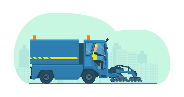 Vector sweeper mini truck with driver. vector illustration.