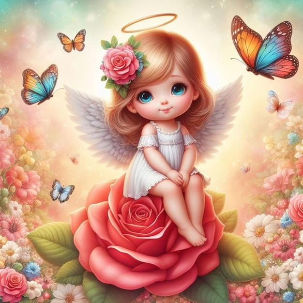 Sweet angel sits on a rose