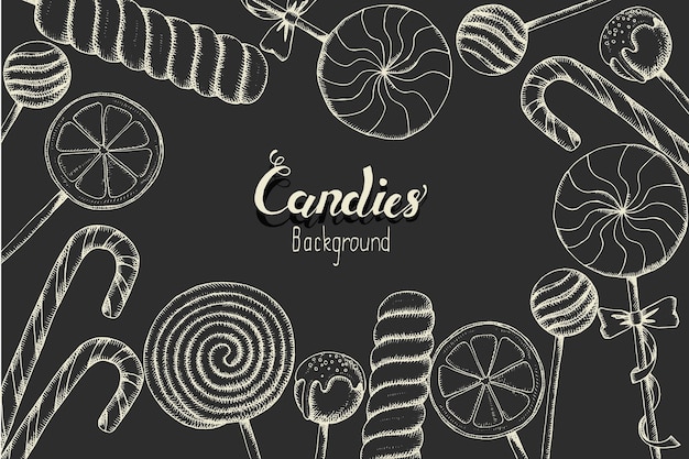 Vector sweet background with lollipops  candies shop hand written lettering vector food design set of lollipops for menu advertising and banners sketch